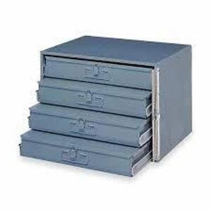 DESCRIPTION: (1) SLIDING DRAWER CABINET FRAME, WITH FEW DRAWERS BRAND/MODEL: DURHAM #321B-95-DR INFORMATION: GREY, WITH BLUE BOXES FOR DRAWERS SIZE: 4