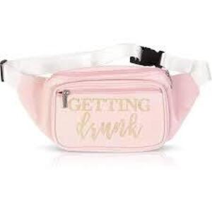 DESCRIPTION: (4) FANNY PACK FOR BRIDAL SHOWER BRAND/MODEL: SPARKLE AND BASH STORE INFORMATION: PINK WITH "GETTING DRUNK" GOLD SPARKLES ON IT RETAIL$: