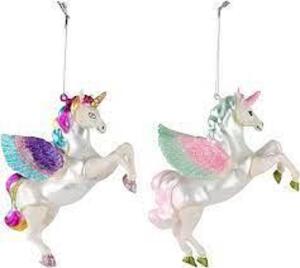 DESCRIPTION: (2) BOXES OF (2) ORNAMENTS BRAND/MODEL: JUVALE INFORMATION: GLASS, RAINBOW SIZE: UNICORNS RETAIL$: $27.99 EA QTY: 2