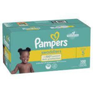 DESCRIPTION: (2) PACKS OF (100) DIAPERS BRAND/MODEL: PAMPERS SWADDLERS SIZE: 5 RETAIL$: $40.00 EA QTY: 2