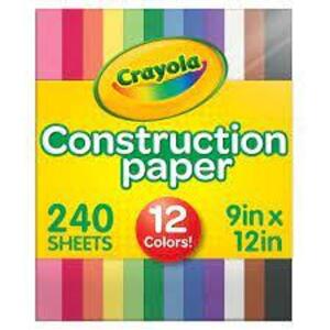 DESCRIPTION: (1) PACK OF (240) SHEETS OF CONSTRUCTION PAPER BRAND/MODEL: CRAYOLA INFORMATION: 12 COLORS SIZE: 9" X 12" RETAIL$: $8.40 EA QTY: 1