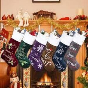 DESCRIPTION: (5) FAMILY CHRISTMAS STOCKINGS BRAND/MODEL: GEX WORLD WIDE INFORMATION: MULTIPLE COLORS, VELVET SIZE: CHRISTMAS SAYINGS RETAIL$: $48.99 T