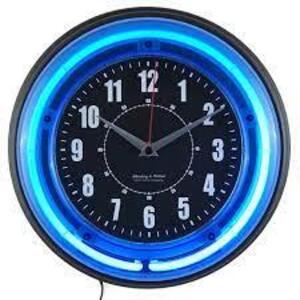 DESCRIPTION: (1) ELECTRIC NEON WALL CLOCK BRAND/MODEL: QUARTZ ACCURACY #NB20-061-003-01 INFORMATION: BLUE SIZE: 11" RETAIL$: $27.99 EA QTY: 1