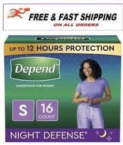 DESCRIPTION: (2) PACKS OF (17) NIGHT DEFENSE DISPOSABLE UNDERWEAR FOR WOMEN BRAND/MODEL: DEPEND INFORMATION: OVERNIGHT ABSORBENCY SIZE: SMALL RETAIL$: