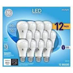 DESCRIPTION: (12) GENERAL PURPOSE LIGHT BULBS BRAND/MODEL: DAYLIGHT INFORMATION: 60 WATTS, 750 LUMENS SIZE: A19 RETAIL$: $22.50 TOTAL QTY: 12