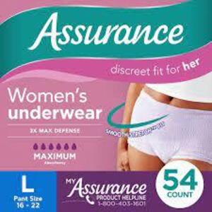 DESCRIPTION: (2) BOXES OF (54) DISPOSABLE WOMENS UNDERWEAR BRAND/MODEL: ASSURANCE INFORMATION: PINK SIZE: LARGE RETAIL$: $38.15 EA QTY: 2