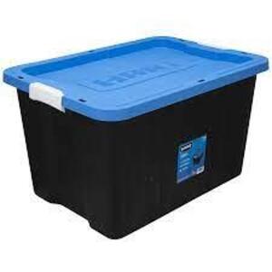 DESCRIPTION: (1) HEAVY DUTY STORAGE BOX BRAND/MODEL: HART #206269 INFORMATION: BLACK WITH BLUE LID SIZE: 27 GALLON RETAIL$: $16.93 EA QTY: 1