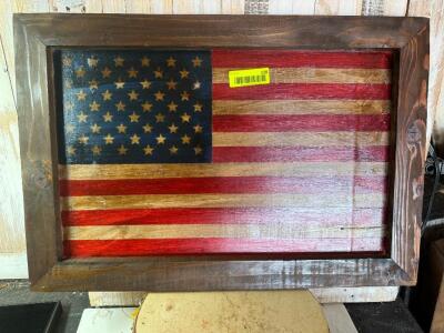 WOODEN AMERICAN FLAG IN WOOD FRAME