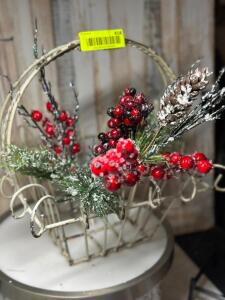 METAL FLOWER BASKET WITH CHRISTMAS DECOR