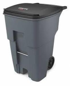 DESCRIPTION: (1) ROLLOUT RASH CAN BRAND/MODEL: RUBBERMAID BRUTE #1EC48 INFORMATION: BLACK AND GRAY SIZE: CRACKED LID, 95 GAL CAPACITY RETAIL$: $404.00