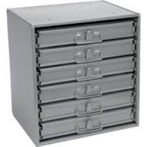 DESCRIPTION: (1) SMALL PARTS STORAGE SLIDE DRAWERS WITH COMPARTMENT BOXES BRAND/MODEL: DURHAM INFORMATION: GRAY AND BLUE SIZE: 6 DRAWERS RETAIL$: $595