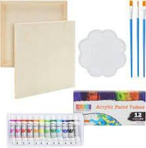 DESCRIPTION: (1) ART KIT WITH ACRYLIC PAINT FOR KIDS WITH EXTRA WOOD CANVAS BRAND/MODEL: BRIGHT CREATIONS RETAIL$: $30.00 PER KIT WITH CANVAS QTY: 1