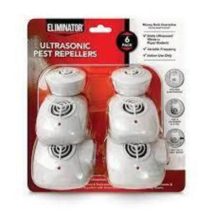 DESCRIPTION: (1) PACK OF (6) ULTRASONIC PEST REPELLERS BRAND/MODEL: ELIMINATOR INFORMATION: WHITE RETAIL$: $30.00 EA QTY: 1