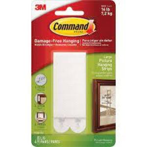 DESCRIPTION: (24) PICTURE HANGING STRIPS BRAND/MODEL: COMMAND/17206-ES INFORMATION: 4-PAIR/WHITE SIZE: .6"L X 3.88"W X 6.75"H RETAIL$: $92.16 TOTAL QT