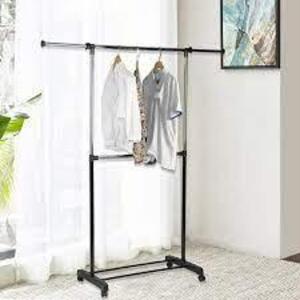 DESCRIPTION: (2) ADJUSTABLE 2 TIER ROLLING GARMENT RACK BRAND/MODEL: MAINSTAYS RETAIL$: $20.00 EA QTY: 2