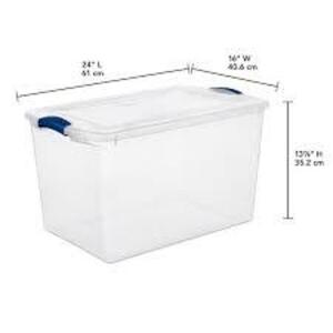 DESCRIPTION: (6) STORAGE BOX WITH LATCHED LID BRAND/MODEL: STERILITE #2028 INFORMATION: CLEAR SIZE: 66 QT RETAIL$: $50.00 TOTAL QTY: 6