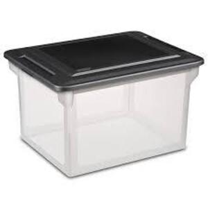 DESCRIPTION: (1) 4PC FILE BOX BRAND/MODEL: STERILITE #1868 INFORMATION: CLEAR WITH BLACK LID RETAIL$: $10.00 EA QTY: 1