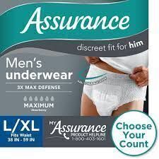 DESCRIPTION: (2) PACKS OF (36) MENS DISPOSABLE UNDERWEAR BRAND/MODEL: ASSURANCE INFORMATION: WHITE SIZE: L/XL RETAIL$: $16.70 EA QTY: 2