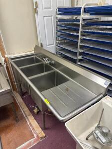 67 INCH STAINLESS THREE WELL SINK WITH DRAINBOARD