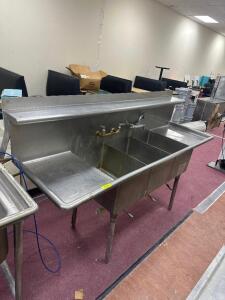 83 INCH STAINLESS THREE WELL SINK WITH DRAINBOARD