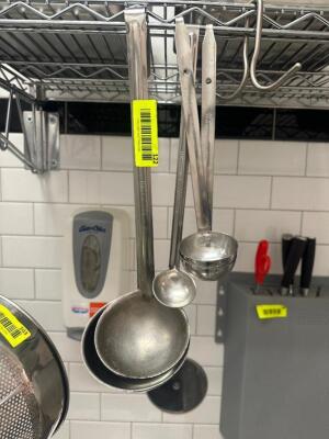 (5) ASSORTED STAINLESS LADLES.