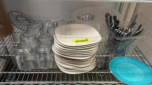 CONTENTS OF SINGLE SHELF - ASSORTED PLATES, SILVERWARE, AND CUPS