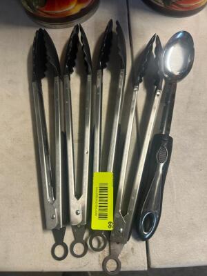 DESCRIPTION (4) TONGS AND (1) SERVING SPOONS LOCATION BAY 6 THIS LOT IS: SOLD BY THE PIECE QTY 5