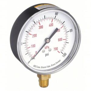 DESCRIPTION: (3) COMMERCIAL PRESSURE GAUGE BRAND/MODEL: PRODUCT NUMBER #4FLX8 INFORMATION: BLACK SIZE: 0 TO 100 PSI, 3 1/2 IN DIAL, 1/4 IN NPT MALE, B