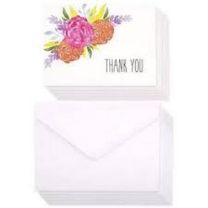 DESCRIPTION: (2) BOXES OF (120) THANK YOU CARDS BRAND/MODEL: SUSTAINABLE GREETINGS INFORMATION: WATERCOLOR FLORAL SIZE: 5X3 RETAIL$: $23.99 EA QTY: 2