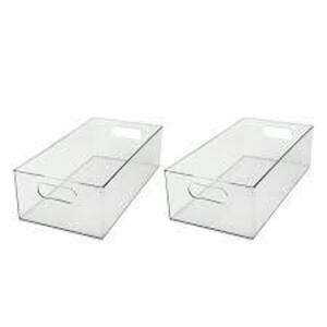 DESCRIPTION: (1) SET OF (2) PLASTIC STORAGE BINS BRAND/MODEL: THE HOME EDIT INFORMATION: CLEAR SIZE: XL RETAIL$: $30.64 EA QTY: 1