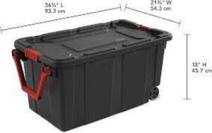 DESCRIPTION: (2) INDUSTRIAL STORAGE TOTES BRAND/MODEL: STERILITE INFORMATION: BLACK SIZE: 40 GALLON RETAIL$: $100.00 EA QTY: 2