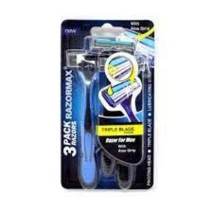 DESCRIPTION: (3) PACKS OF (3) MENS RAZORS WITH ALOE STRIP BRAND/MODEL: RAZORMAX INFORMATION: BLUE SIZE: 3 BLADES RETAIL$: $6.50 EA QTY: 3