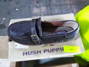 DESCRIPTION: (2) PAIR OF SLIP RESISTANT WORK SHOES BRAND/MODEL: HUSH PUPPIES INFORMATION: BROWN SIZE: 9.5 W RETAIL$: $23.56 EA QTY: 2