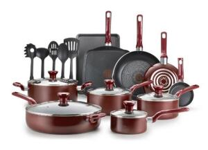 DESCRIPTION: (1) NON STICK COOKWARE SET BRAND/MODEL: T-FAL INFORMATION: 20PC SET, DISHWASHER SAFE RETAIL$: $89.00 QTY: 1