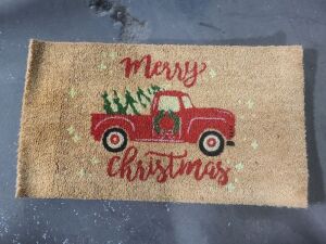 DESCRIPTION: (3) LITTLE RED TRUCK HAULING A CHRISTMAS TREE WELCOME MAT QTY: 3