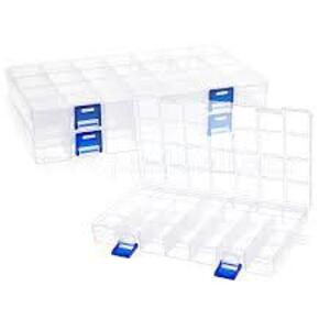 DESCRIPTION: (5) SMALL PARTS STORAGE BOXES WITH LABEL STICKERS BRAND/MODEL: JUVALE INFORMATION: CLEAR BOX, 36 COMPARTMENTS, MOVEABLE SIZE: GOLDEN ALPH