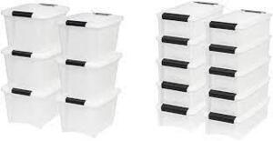 DESCRIPTION: (6) STACK AND PULL BOX BRAND/MODEL: IRIS USA #TB-17 INFORMATION: CLEAR WITH BLACK HANDLES SIZE: 19 QUART RETAIL$: $134.98 TOTAL QTY: 6