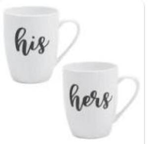 DESCRIPTION: (1) SET OF HIS AND HERS COFFEE CUPS INFORMATION: WHITE SIZE: 12 OZ RETAIL$: $19.99 TOTAL QTY: 1