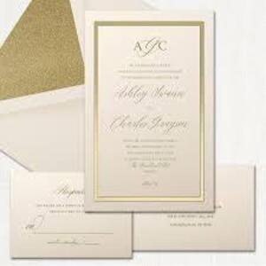 DESCRIPTION: (7) BOXES OF INVITATION PAPERS BRAND/MODEL: EACH BOX COMES WITH 50, PLUS ENVELOPES INFORMATION: WHITE WITH GOLD FOIL TRIM RETAIL$: $34.98