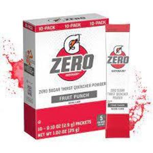 DESCRIPTION: (12) BOXES OF (10) SINGLE USE PACKETS OF CONCENTRATED SPORTS DRINK BRAND/MODEL: GATORADE ZERO INFORMATION: FRUIT PUNCH SIZE: 0.10 OZ RETA