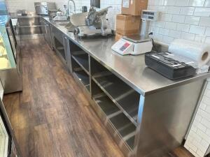 22' X 6' X 30" WIDE " L " SHAPED HEAVY GUAGE STAINLESS COUNTER W/ DROP IN JOHN BOOS SINK, SINGLE WELL SINK WITH SPRAYER, AND UNDER COUNTER STORAGE