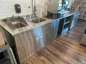 174"X 30" HEAVY GUAGE STAINLESS COUNTER W/ DROP IN JOHN BOOS SINK, SINGLE WELL SINK WITH SPRAYER, AND UNDER COUNTER STORAGE