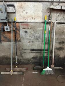 (5) ASSORTED LONG HANDLE TOOLS AND BROOMS