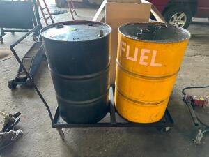 METAL OIL BARREL CART W/ BARRELS