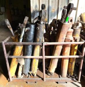 VARIOUS INDUSTRIAL TIE ROD HYDRAULIC CYLINDERS AS SHOWN (STEEL STORAGE CRATE INCLUDED)