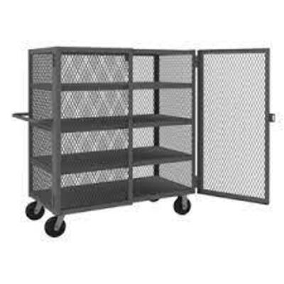 DESCRIPTION: (1) MESH SECURITY ROLLING CART WITH ADJUSTABLE SHELVES BRAND/MODEL: DURHAM MFG #HTL-3660-DD-4-95 SIZE: 24" X 48" X 60" RETAIL$: $1658.96