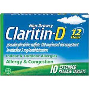 DESCRIPTION: (6) BOXES OF (10) INDOOR OUTDOOR ALLERGIE AND CONGESTION TABLETS BRAND/MODEL: CLARITIN-D SIZE: 10 MG RETAIL$: $22.49 EA QTY: 6