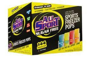 DESCRIPTION: (1) SUGAR FREE SPORTS FREEZER POPS BRAND/MODEL: ALL SPORT SUGAR FREE INFORMATION: 144 POPS PER BOX RETAIL$: $63.00 EA QTY: 1