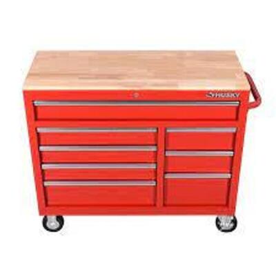 DESCRIPTION: (1) ROLLING TOOL BOX WITH WOOD TOPBRAND/MODEL: HUSKYINFORMATION: REDSIZE: 8 DRAWER, APPROX 18" X 42" X 37"RETAIL$: $349.99 EAQTY: 1