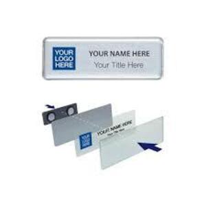 DESCRIPTION: (1) CASE OF (100) NAME TAG SET UPS BRAND/MODEL: THE MIGHTY BADGE INFORMATION: CUSTOMIZABLE SIZE: 1" X 3", SILVER BACKGROUND RETAIL$: $88.